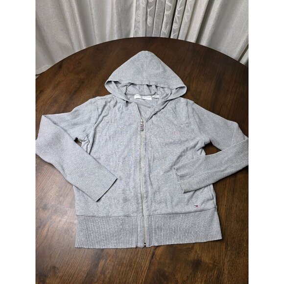Tommy Hilfiger Women's Gray Cotton Hoodie Knit Sleeve Full-Zip Sweater Large - Picture 8 of 14